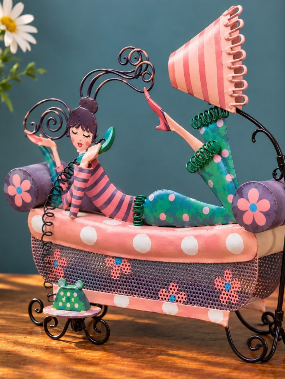 Whimsical Metal Bed Sculpture Woman on Telephone Folk Art 10"
